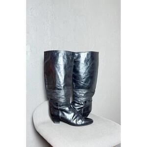 1970's Black Leather Knee High Boots size 7.5 Low Heel Pointed Toe Pull-On